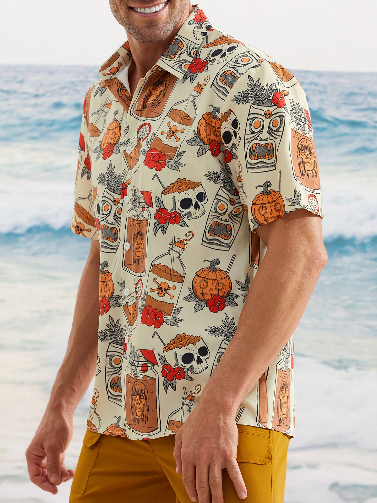 Hardaddy Men's Retro Drink TIKI Skull Print Casual Breathable Hawaiian Short Sleeve Shirt