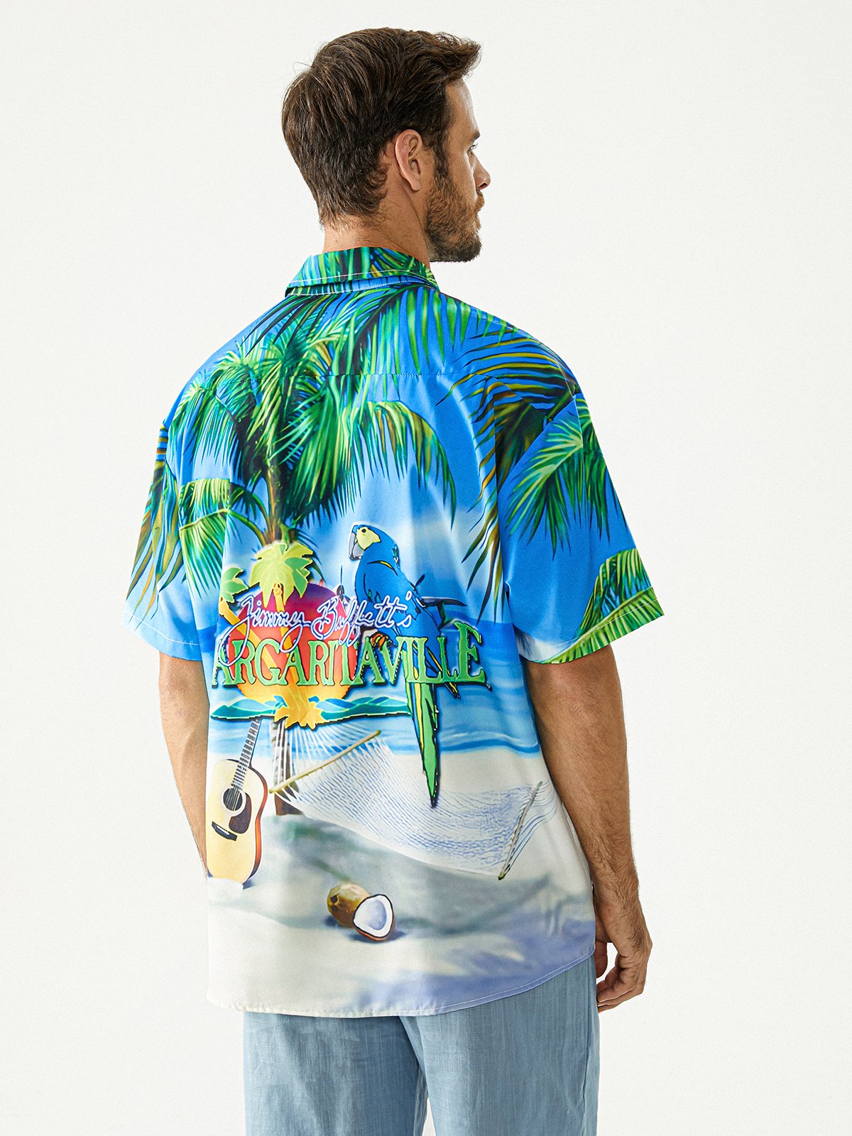 Hardaddy Blue Funny Button Down Hawaiian Shirt Tropical Parrots Music Coconuts Chest Pocket Short Sleeve Hawaiian Shirt