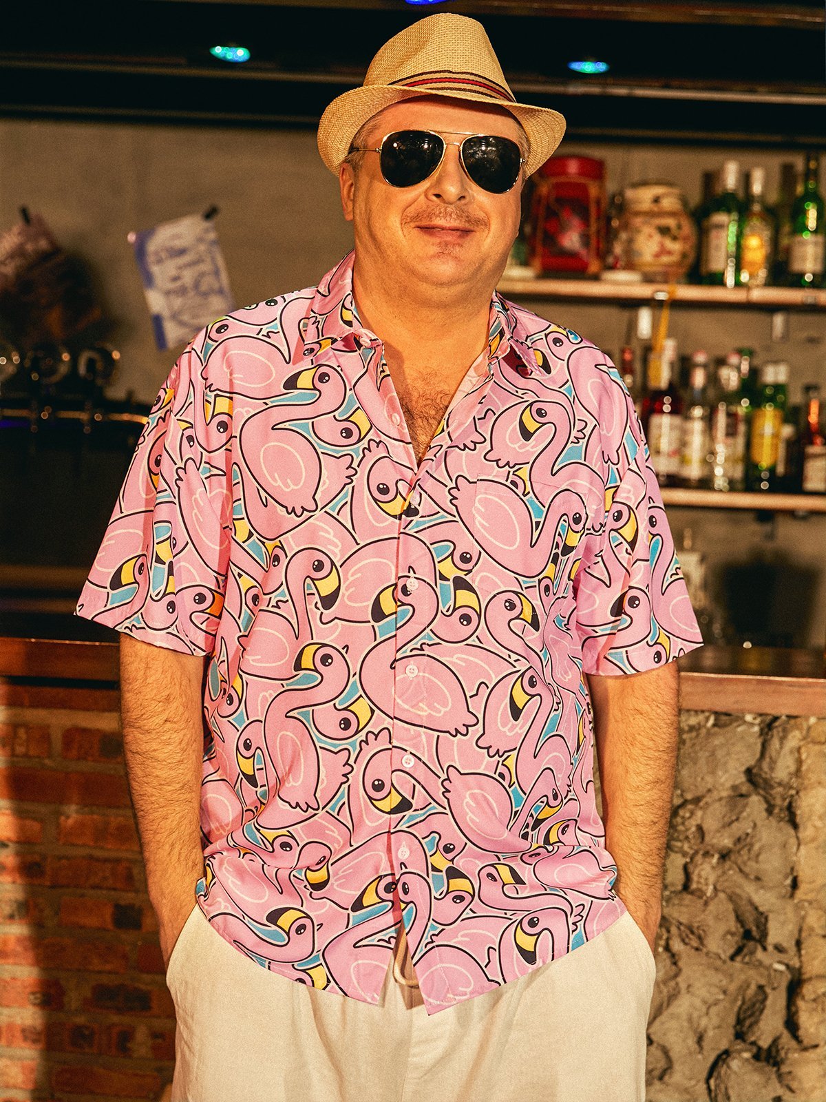 Hardaddy Cartoon Flamingo Chest Pocket Short Sleeve Casual Shirt