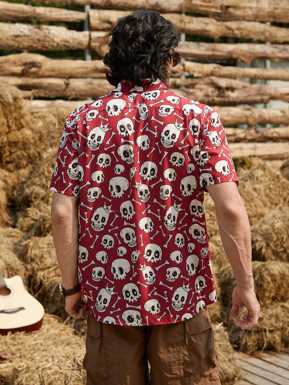 Hardaddy Music Punk Culture Skull Chest Pocket Red Regular Fit Short Sleeve Hawaiian Shirt For Men