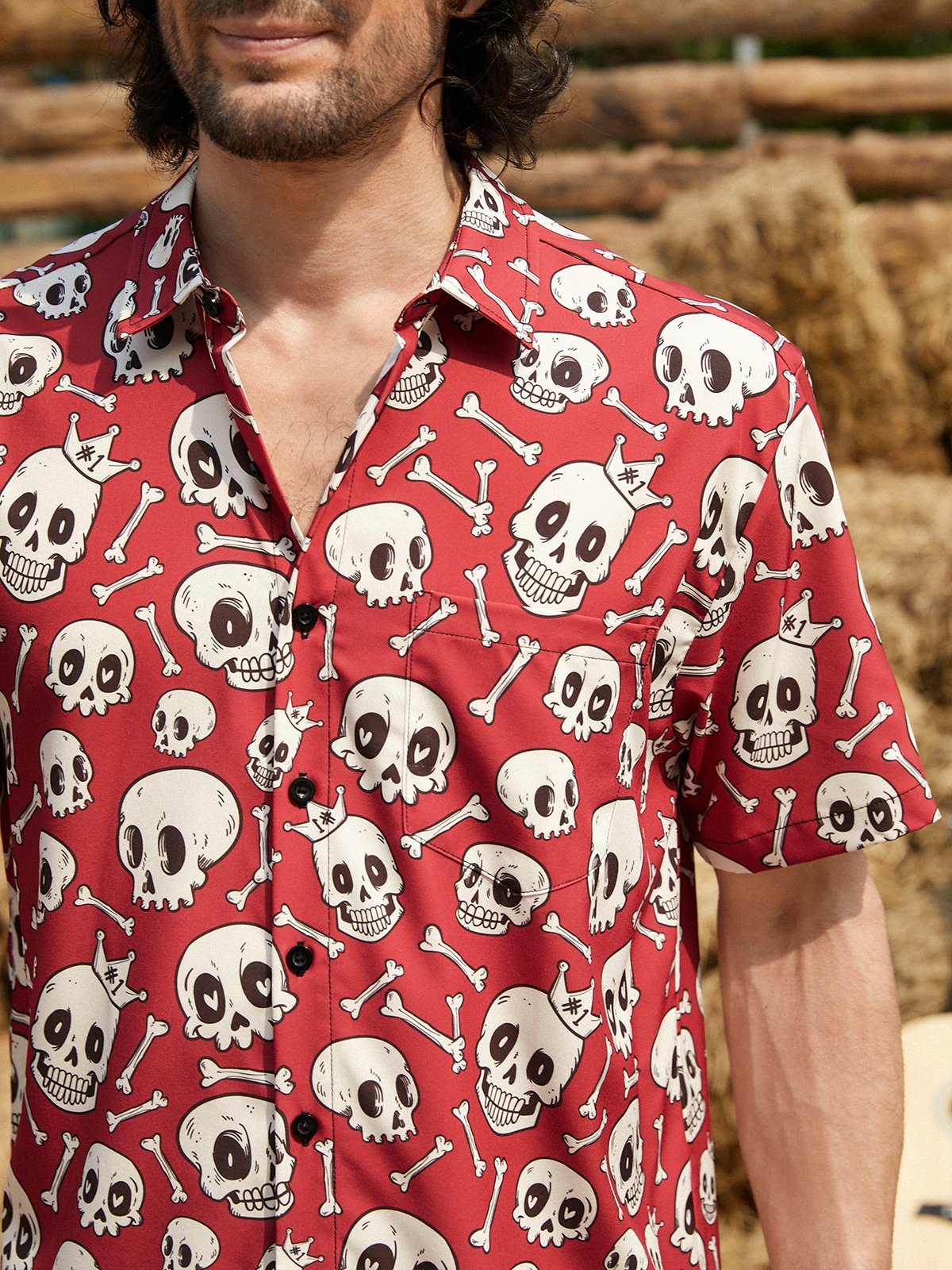 Hardaddy Music Punk Culture Skull Chest Pocket Red Regular Fit Short Sleeve Hawaiian Shirt For Men