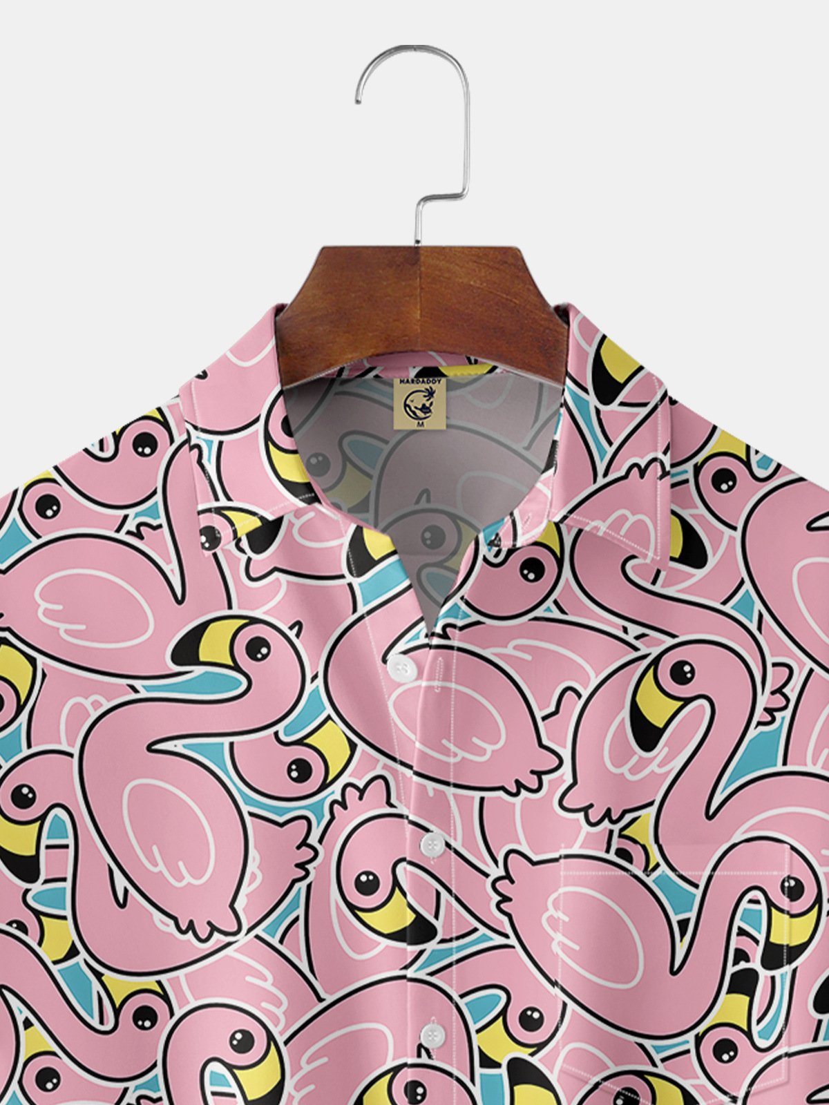 Hardaddy Cartoon Flamingo Chest Pocket Short Sleeve Casual Shirt