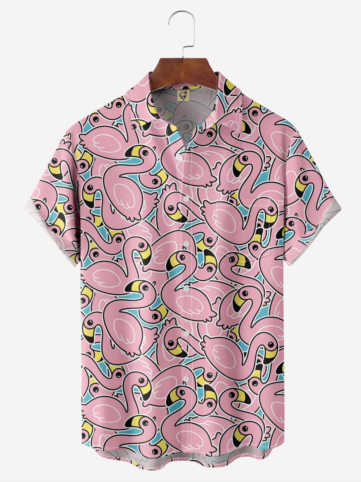 Hardaddy Cartoon Flamingo Chest Pocket Short Sleeve Casual Shirt