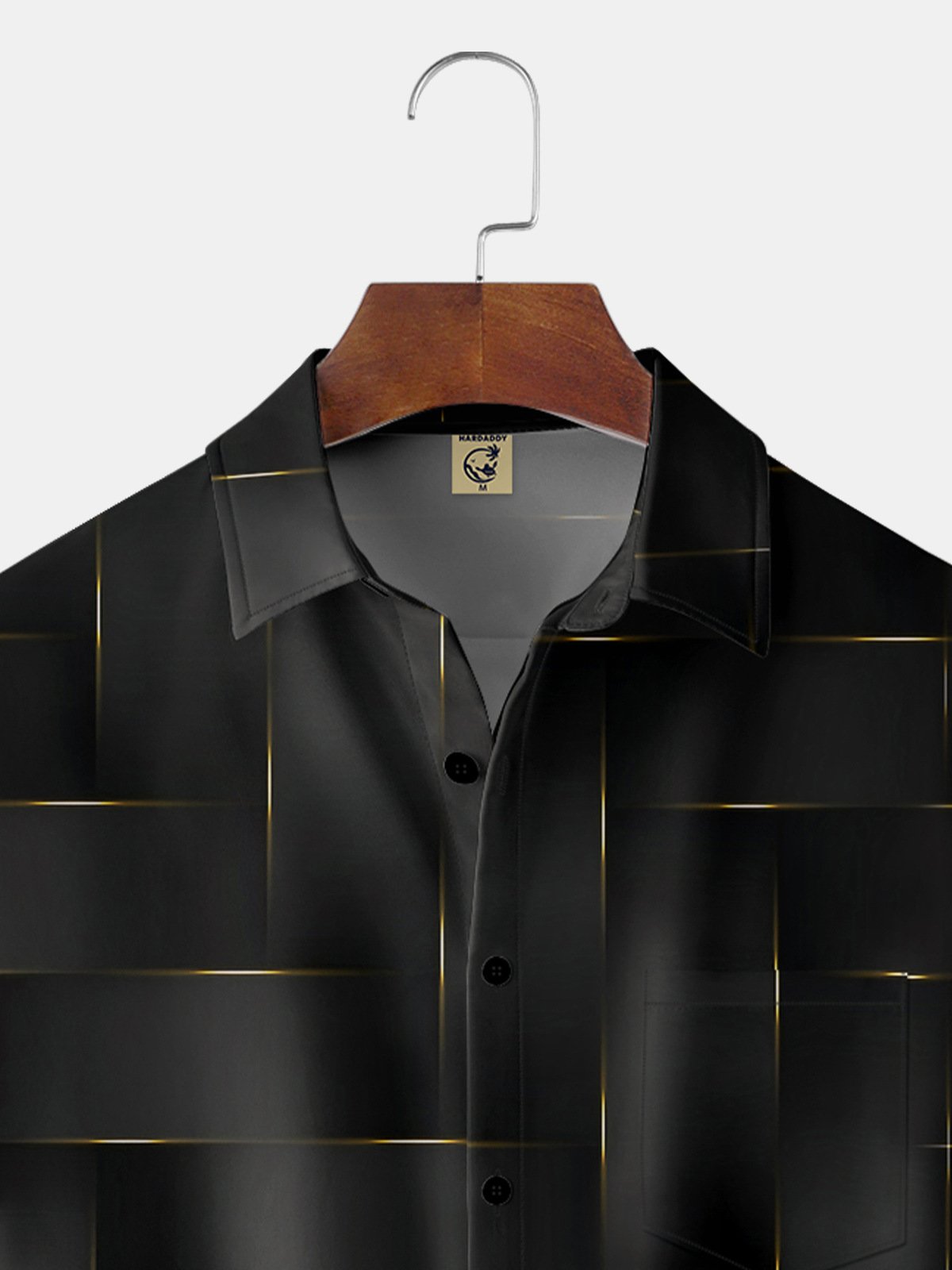 Hardaddy Black Gold Geometric Pattern Chest Pocket Short Sleeve Casual Shirt