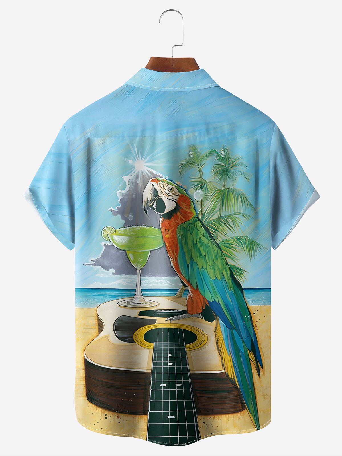 Moisture-wicking Vintage Parrot Guitar Chest Pocket Hawaiian Shirt