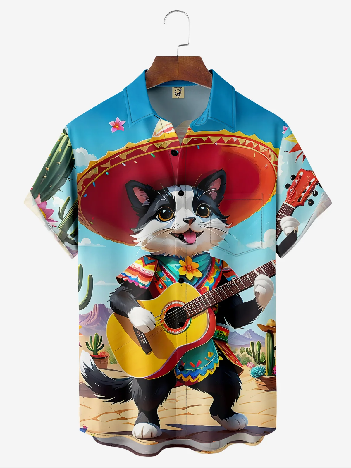 Moisture-wicking Cinco de Mayo Cat Chest Pocket Hawaiian Shirt