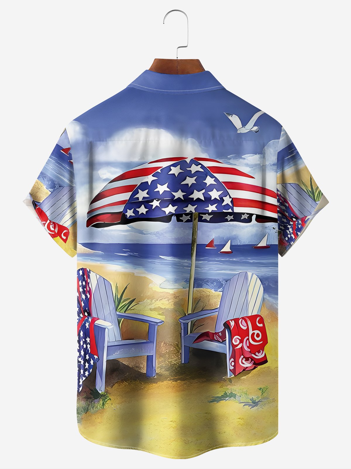 Moisture-Wicking Tropical American Flag Dinosaur Vacation Print Shirt