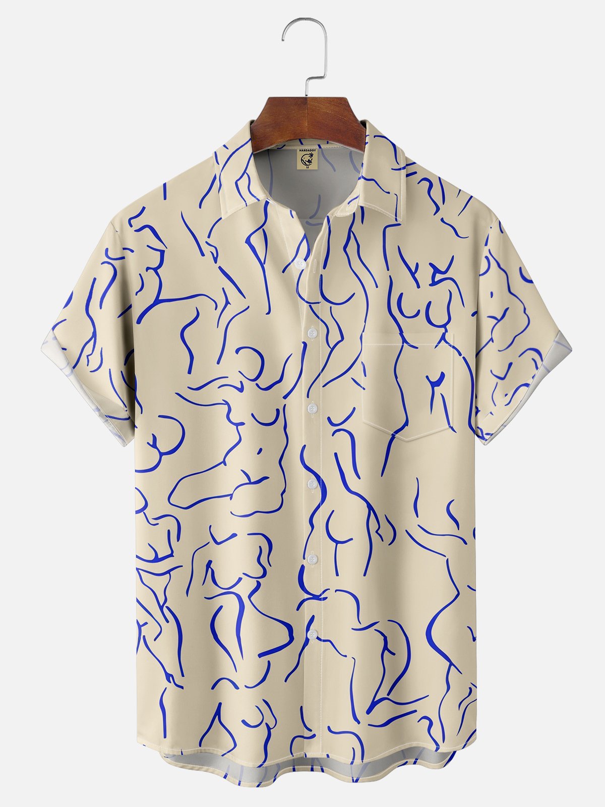 Hardaddy Moisture-wicking Art Blue Abstract Line Drawing Chest Pocket Hawaiian Titty Shirt