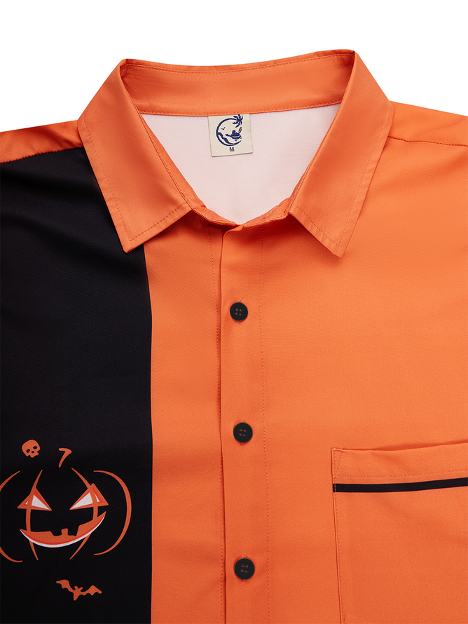 Men's Halloween Pumpkin Print Casual Breathable Short Sleeve Shirt