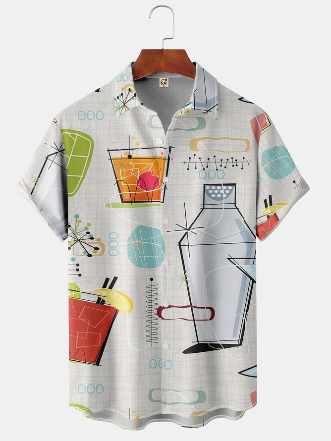 Tall Size Moisture-wicking Mid-century Geometric Cocktaill Chest Pocket Hawaiian Shirt