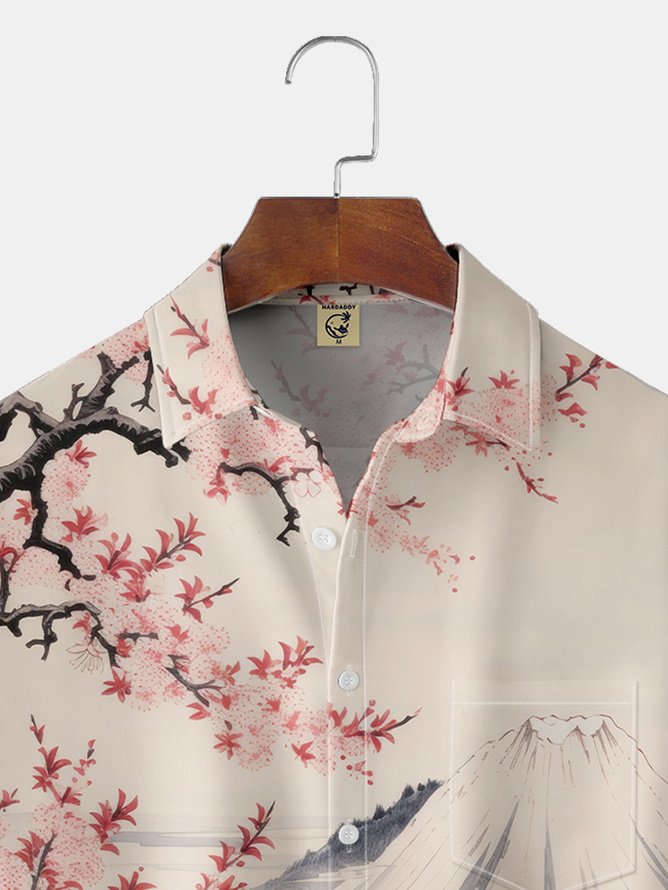 Tall Size Moisture-wicking Ukiyoe Japanese Mount Fuji Chest Pocket Hawaiian Shirt