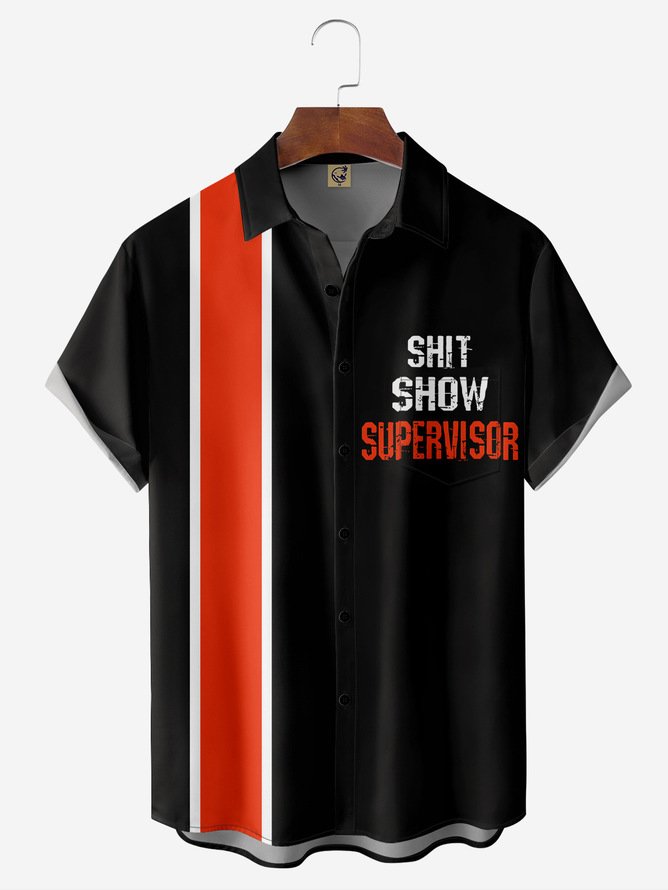 Tall Size Moisture-wicking Text Chest Pocket Bowling Shirt