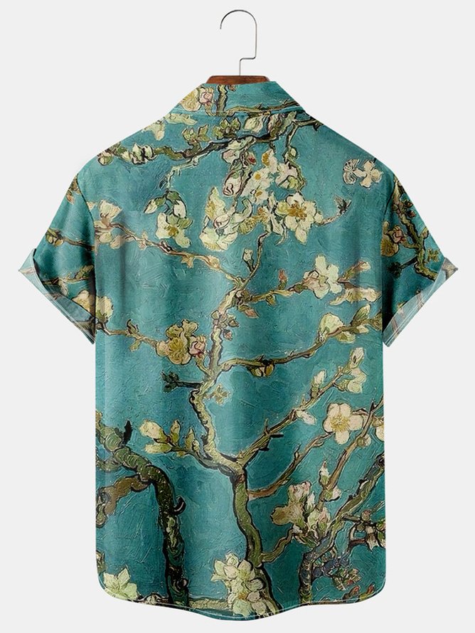 Tall Size Moisture-wicking Van Gogh Floral Chest Pocket Hawaiian Shirt