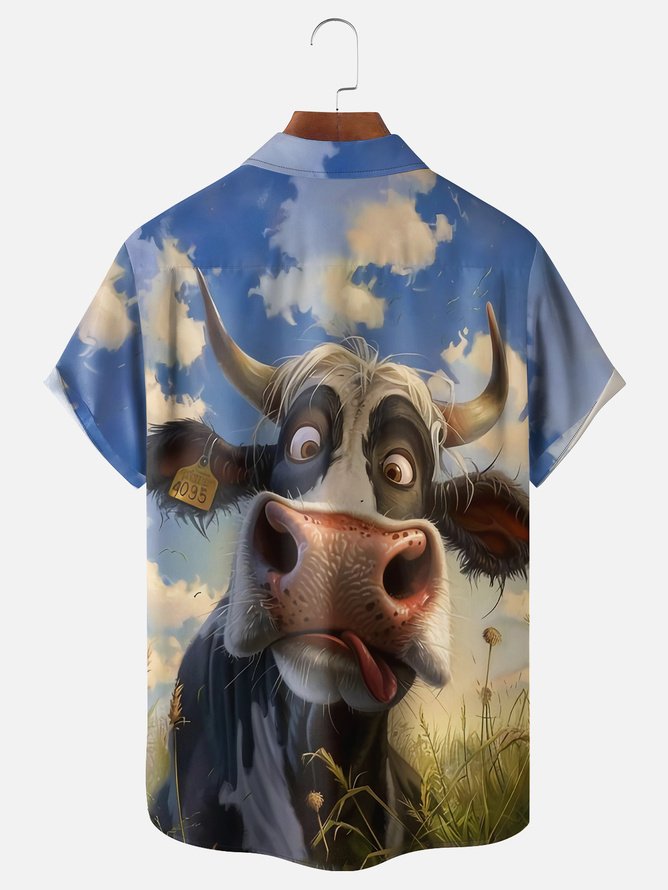 Tall Size Moisture-wicking Dairy Cow Chest Pocket Hawaiian Shirt