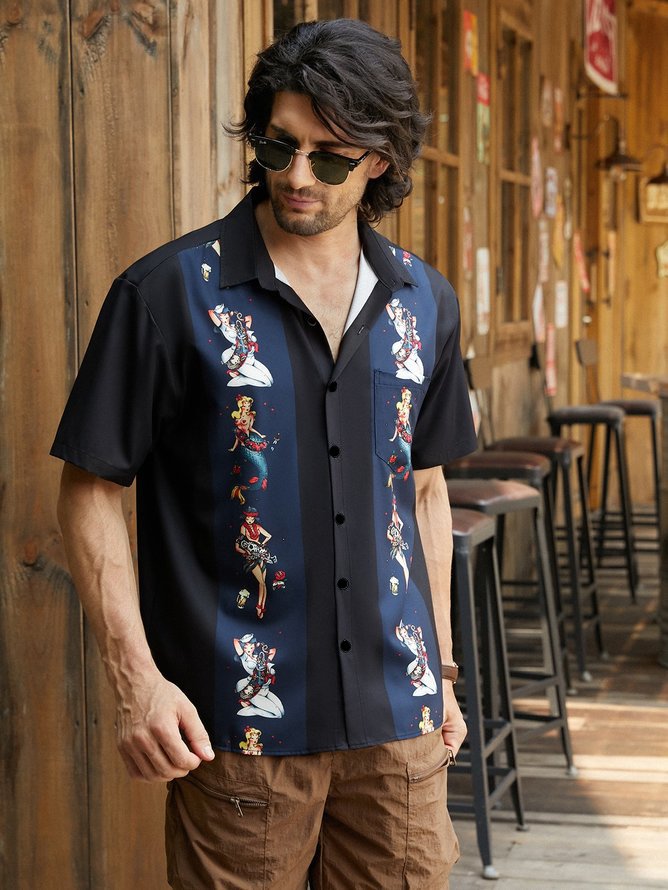 Hardaddy Mens Retro Aloha Girls Print Lapel Loose Chest Pocket Short Sleeve Funky Bowling Shirt