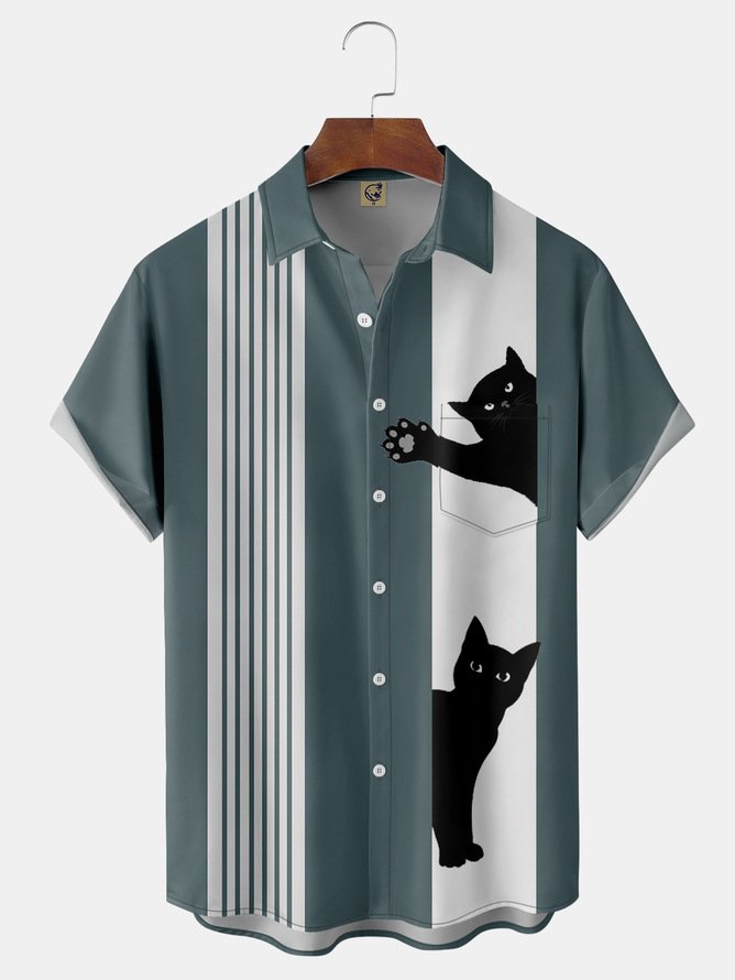 Tall Size Moisture wicking Cat Chest Pocket Short Sleeve Bowling Shirt