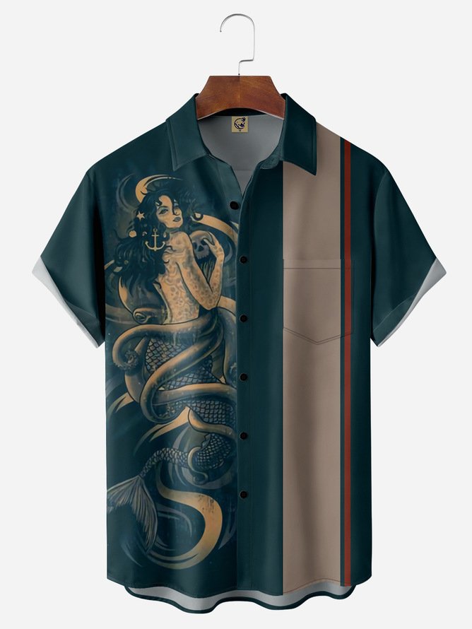 Tall Size Moisture-wicking Mermaid Chest Pocket Short Sleeve Bowling Shirt