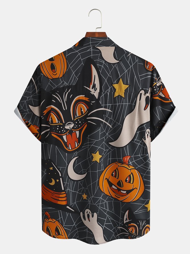 Tall Size Moisture-wicking Halloween Pumpkin Cat Print Chest Pocket Hawaiian Shirt