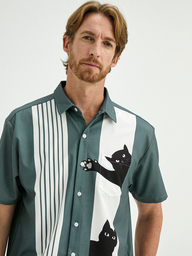 Tall Size Moisture wicking Cat Chest Pocket Short Sleeve Bowling Shirt