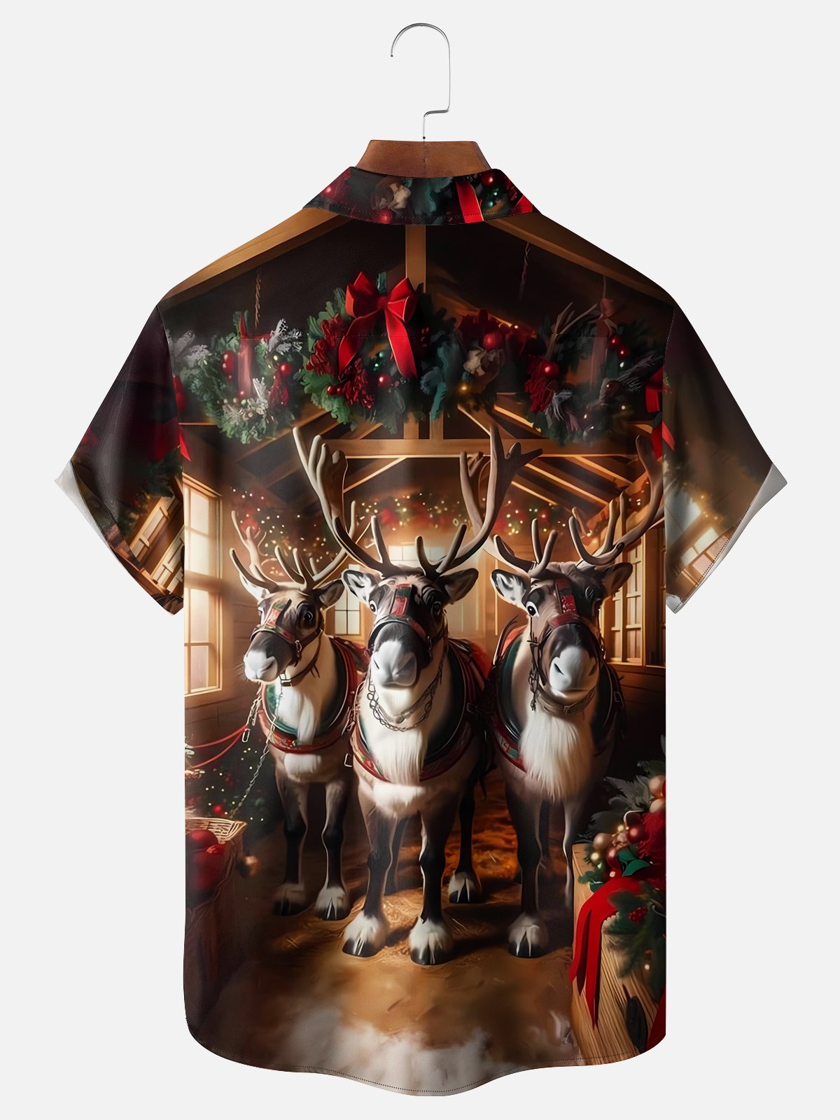 Moisture-wicking Christmas Reindeer Illustration Chest Pocket Hawaiian Shirt