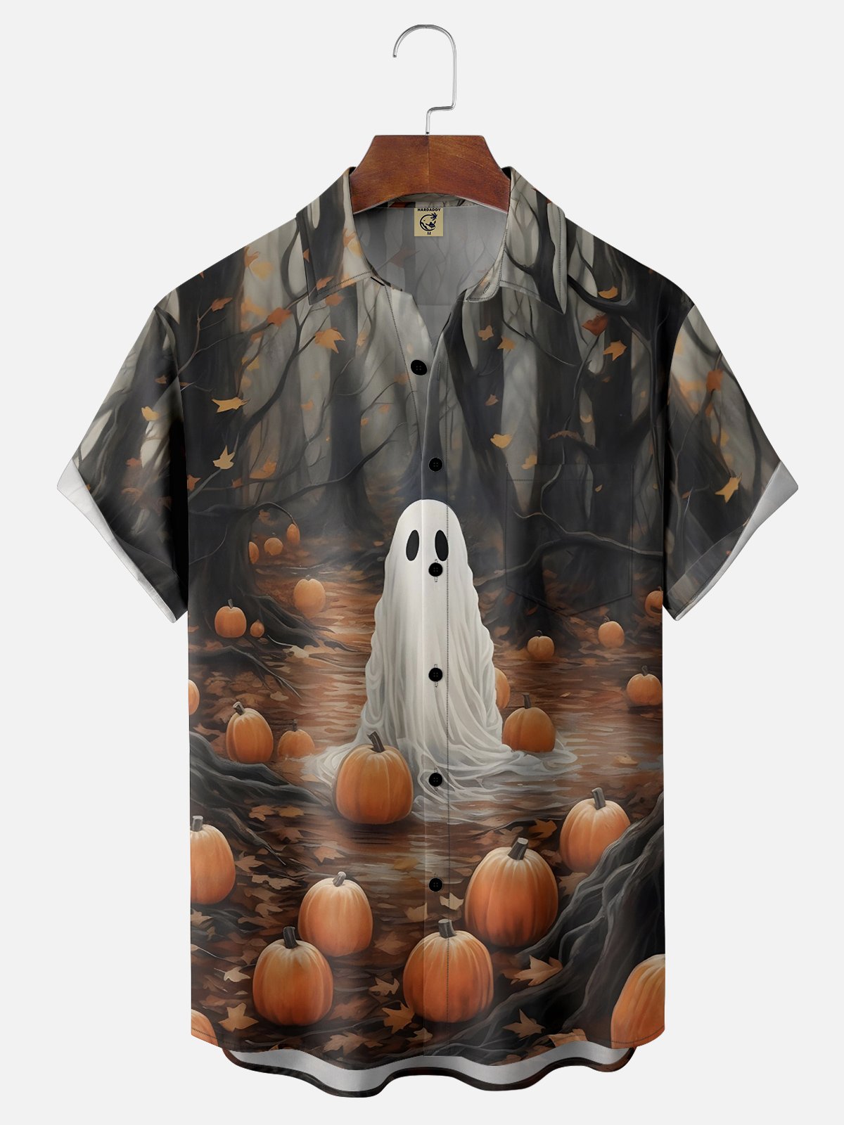 Moisture-wicking Halloween Pumpkin Ghost Chest Pocket Casual Shirt