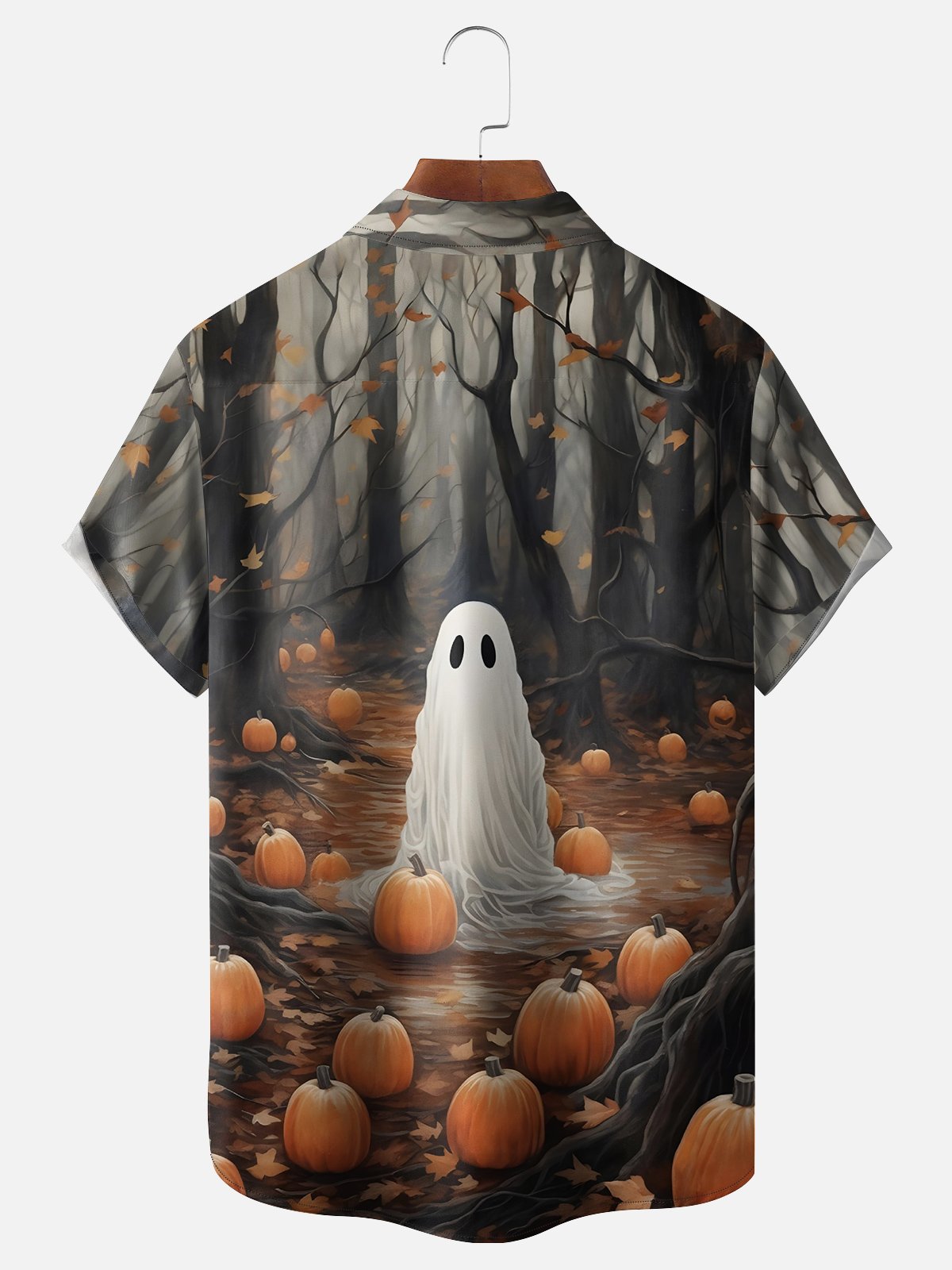 Moisture-wicking Halloween Pumpkin Ghost Chest Pocket Casual Shirt