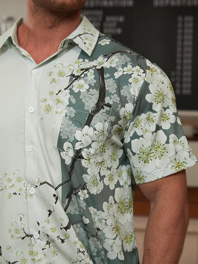 Tall Size Moisture-wicking Japanese Sakura Floral Chest Pocket Hawaiian Shirt