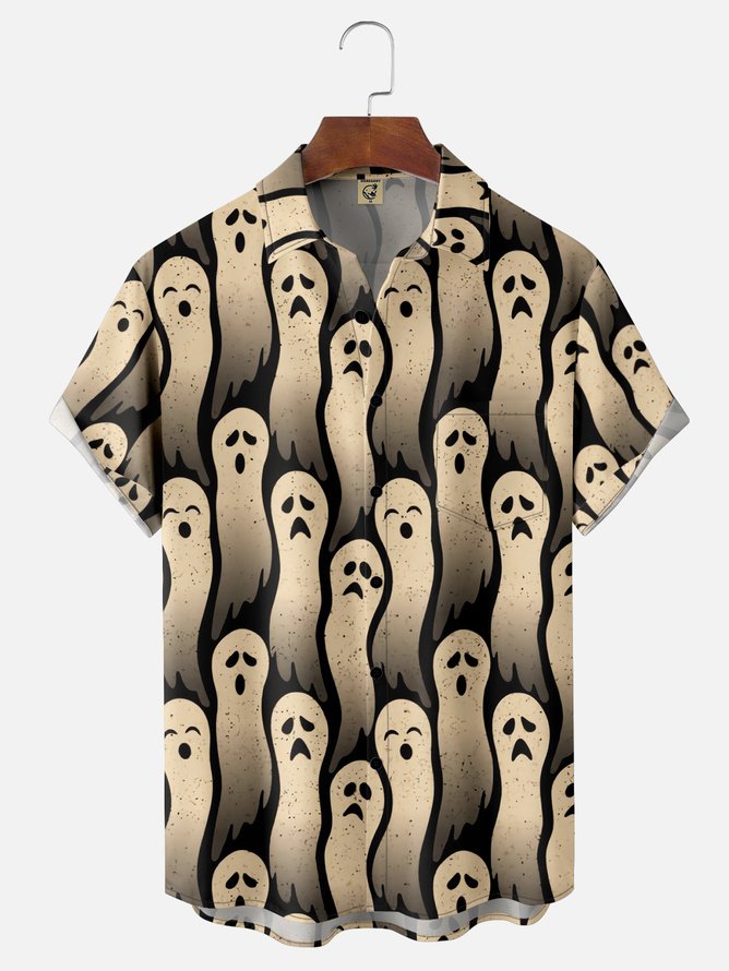 Tall Size Moisture-wicking Halloween Ghost Chest Pocket Casual Shirt