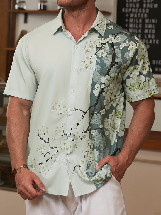 Hardaddy Floral Sakura Chest Pocket Short Sleeve Hawaiian Shirt