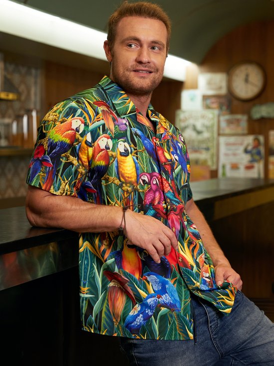 Hardaddy Mens Parrot Print Retro Breathable Hawaiian Shirt