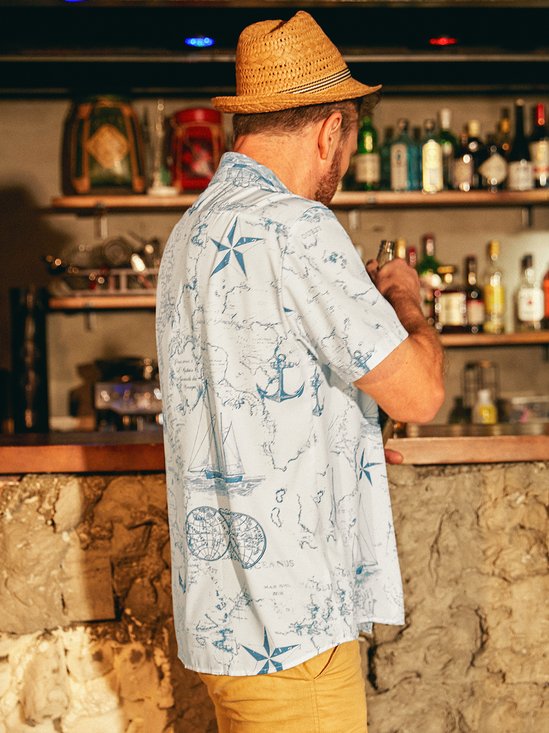 Hardaddy Map Sailing Chest Pocket Short Sleeves Hawaiian Nautical Shirts