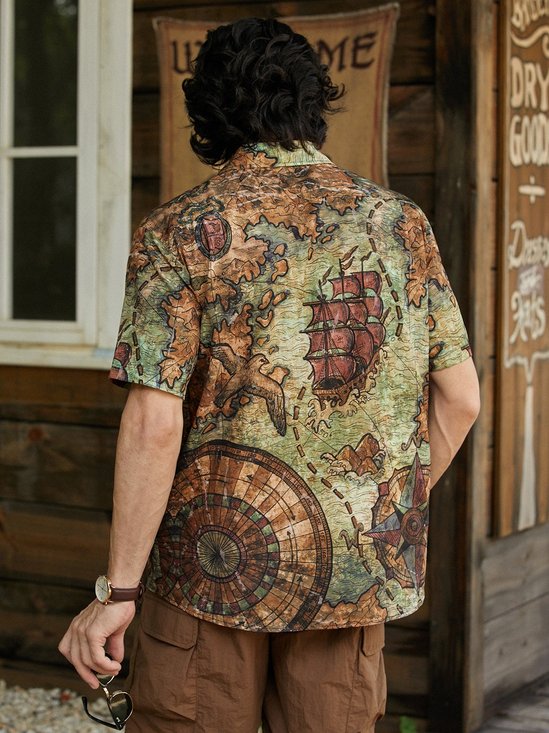 Hardaddy Map Sailboat Chest Pocket Short Sleeve Hawaiian Shirt