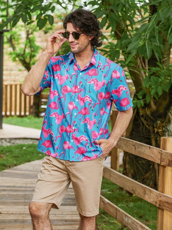 Hardaddy Tropical Animal Flamingo Chest Pocket Short Sleeve Hawaiian Shirt