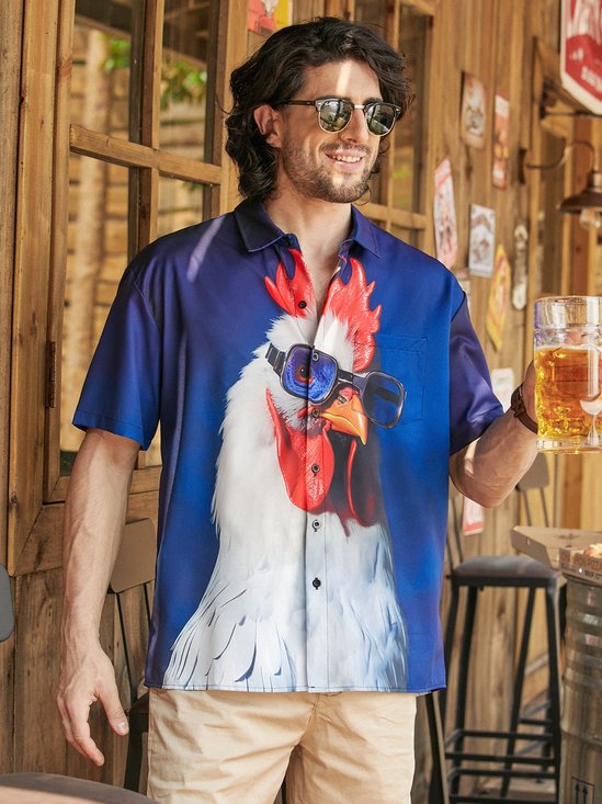 Hardaddy Fun Chicken Chest Pocket Short Sleeve Hawaiian Shirt