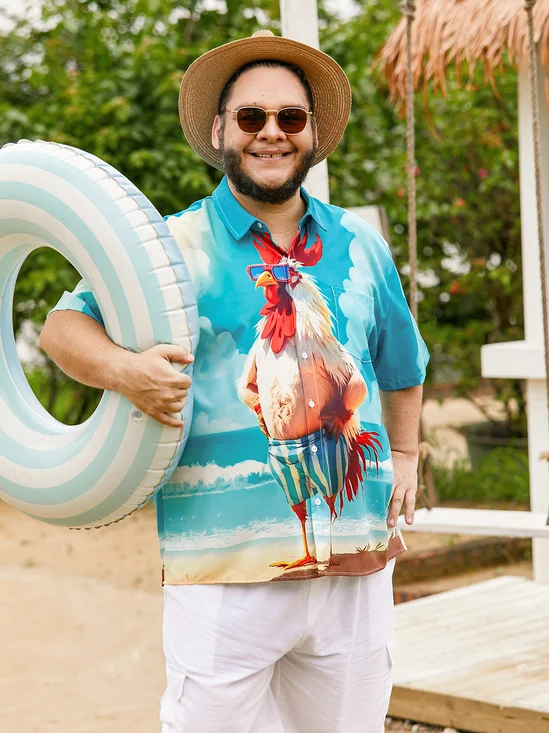 Hardaddy Moisture-wicking Beach Fun Chicken Chest Pocket Hawaiian Shirt