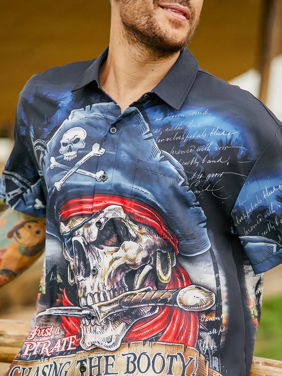 Hardaddy Black Skull Pirate Marine Chest Pocket Short Sleeve Hawaiian Botton Down Shirt