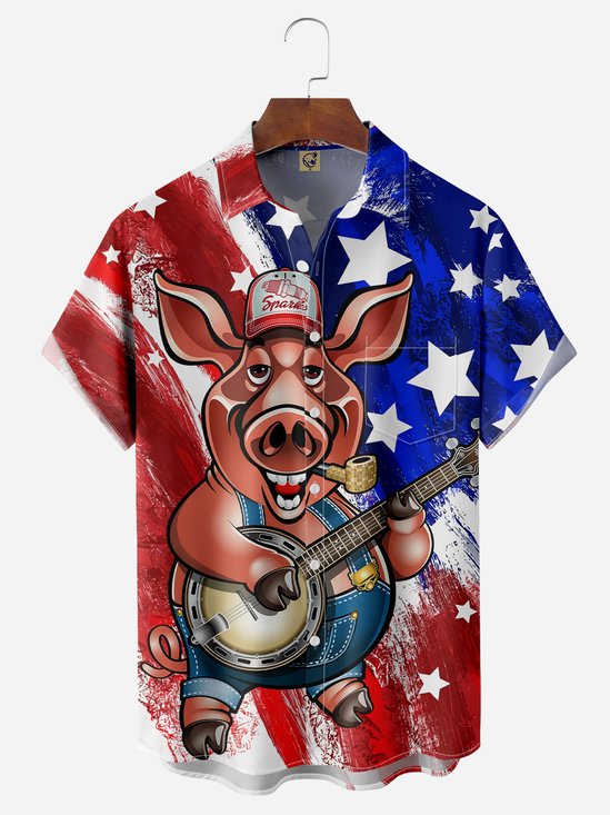 Flag Pig Guitar Chest Pocket Short Sleeve Casual Shirt