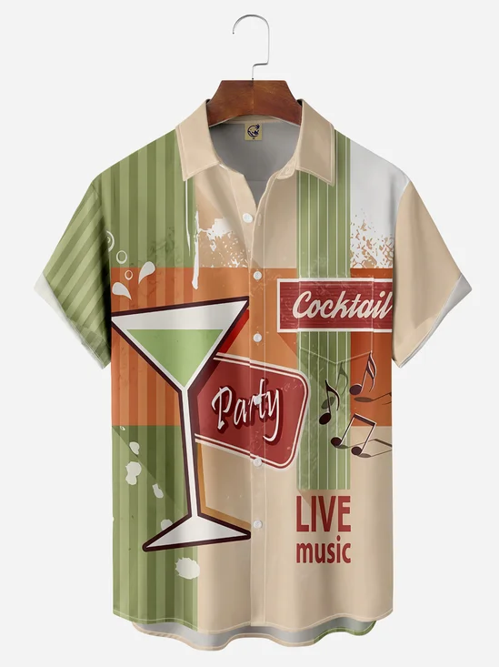 Drink Cocktail Chest Pocket Short Sleeve Hawaiian Shirt