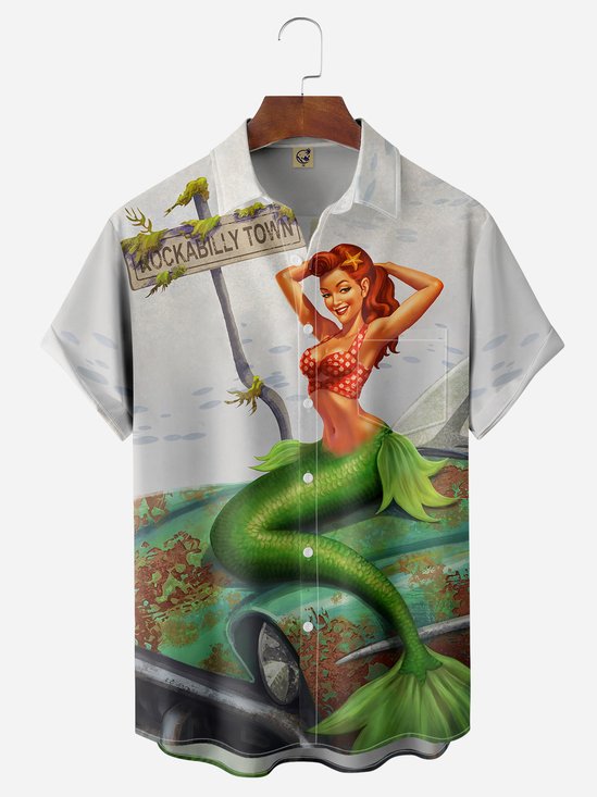 Mermaid Chest Pocket Short Sleeve Hawaiian Shirt