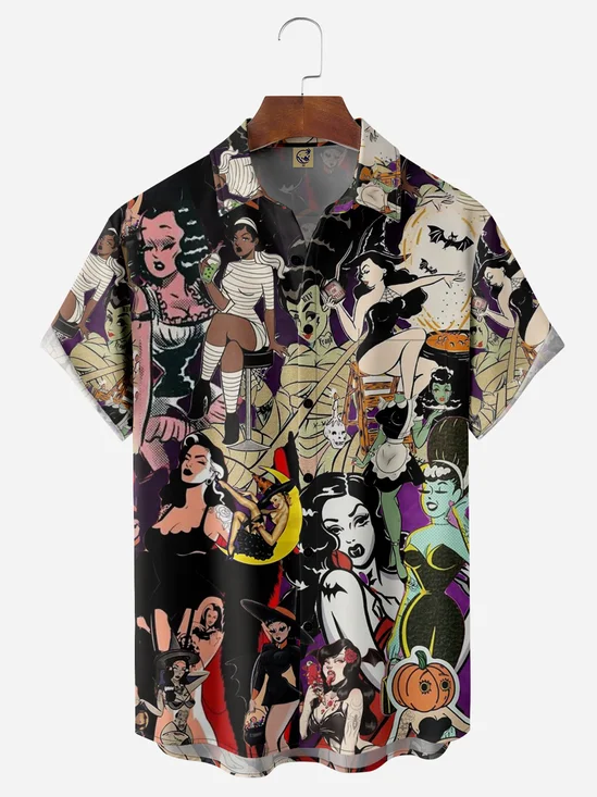 Halloween Pinup Girls Chest Pocket Short Sleeve Casual Shirt