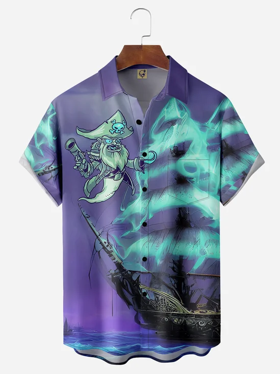 Halloween Ghost Ship Chest Pocket Short Sleeve Hawaiian Shirt