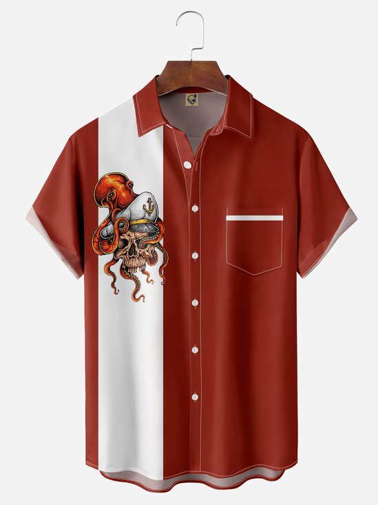 Octopus Pirate Chest Pocket Short Sleeve Bowling Shirt