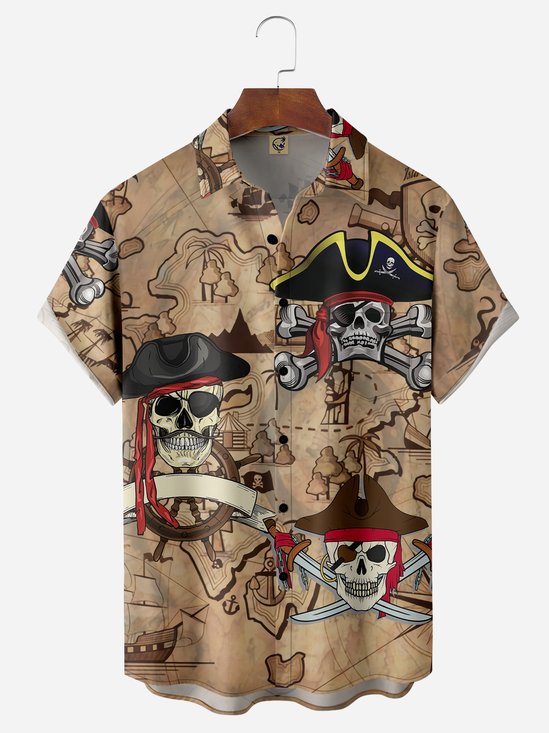 Pirate Map Chest Pocket Short Sleeve Hawaiian Shirt