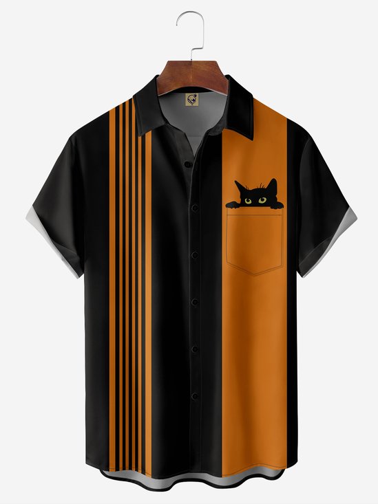 Halloween Cat Chest Pocket Short Sleeve Bowling Shirt