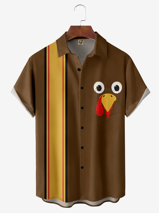 Hardaddy Thanksgiving  Turkey Chest Pocket Short Sleeve Bowling Shirt