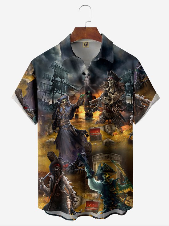 Columbus Day Skeleton Pirate Captain Sailboat Chest Pocket Short Sleeve Hawaiian Shirt