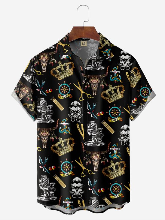 Skeleton Barber Chest Pocket Short Sleeve Hawaiian Shirt