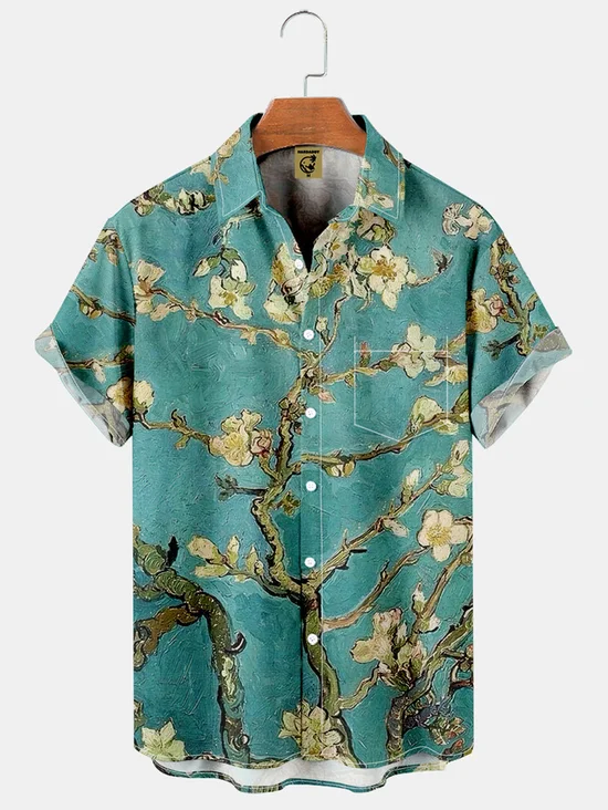 Hardaddy Mens Retro Van Gogh Almond Blossoms Painting Lapel Loose Short Sleeve Funky Hawaiian Shirts