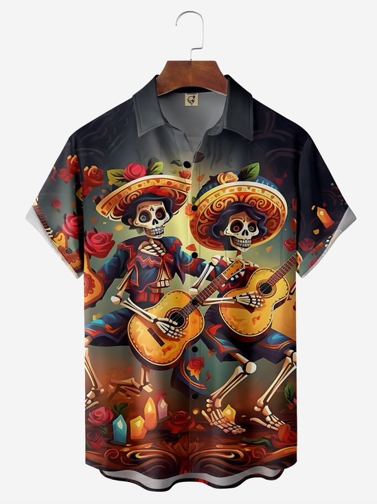 Moisture-wicking Cinco de Mayo Skeleton Chest Pocket Hawaiian Shirt