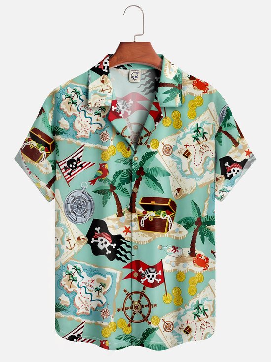 Hardaddy Moisture-wicking Pirate Map Coconut Tree Chest Pocket Hawaiian Shirt